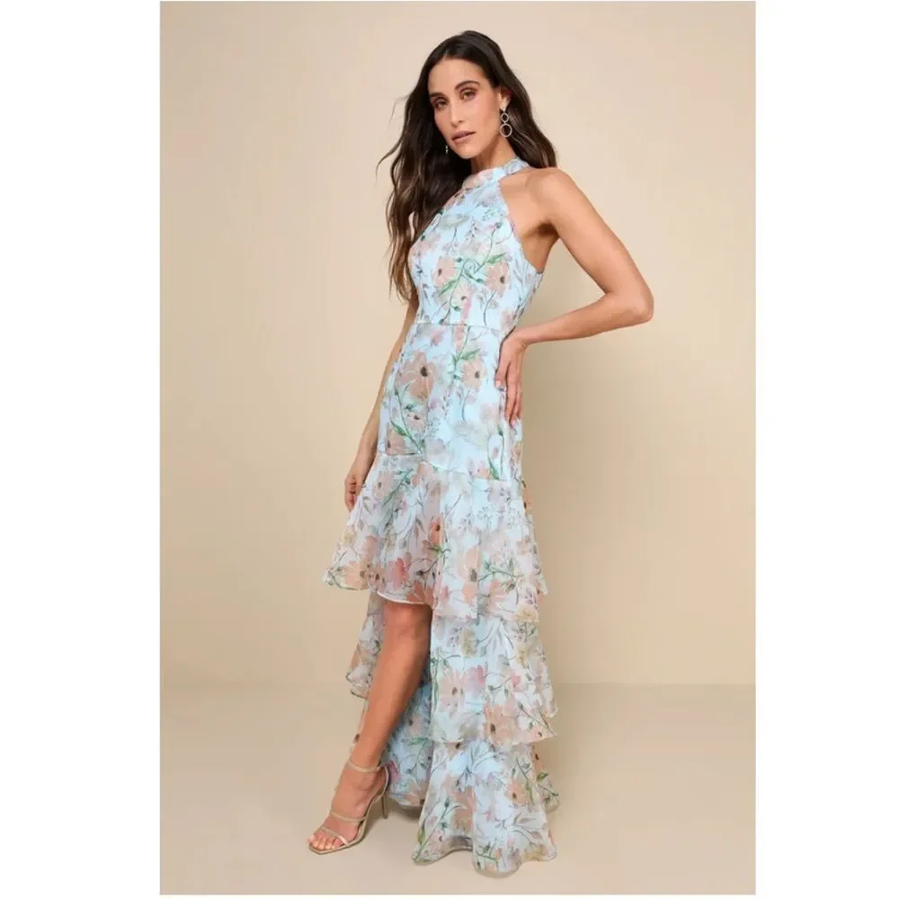 Lulus Forever‎ Exceptional Light Blue Floral Halter Organza Maxi Dress, Medium